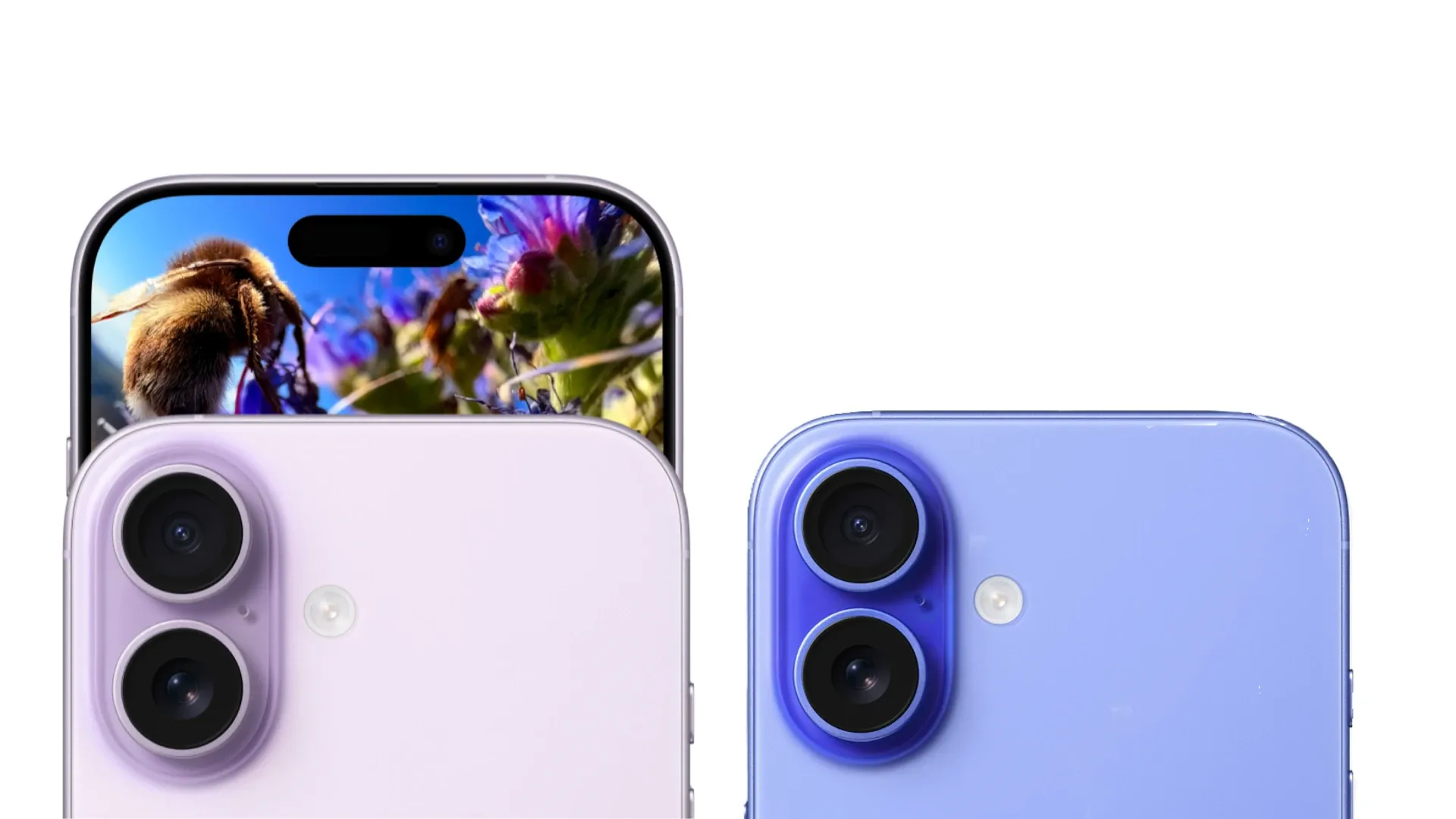 Traseira e tela do iPhone 17 ao lado da traseira do iPhone 16 com foco em câmeras