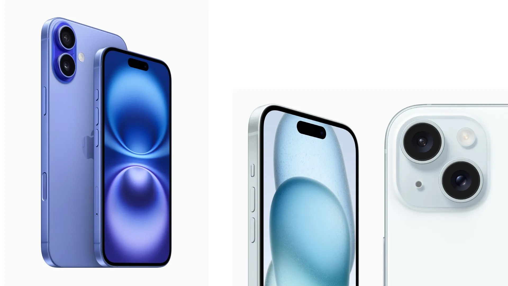 Traseira e tela do iPhone 16 azul ao lado da traseira e tela do iPhone 15 branco com foco nas câmeras
