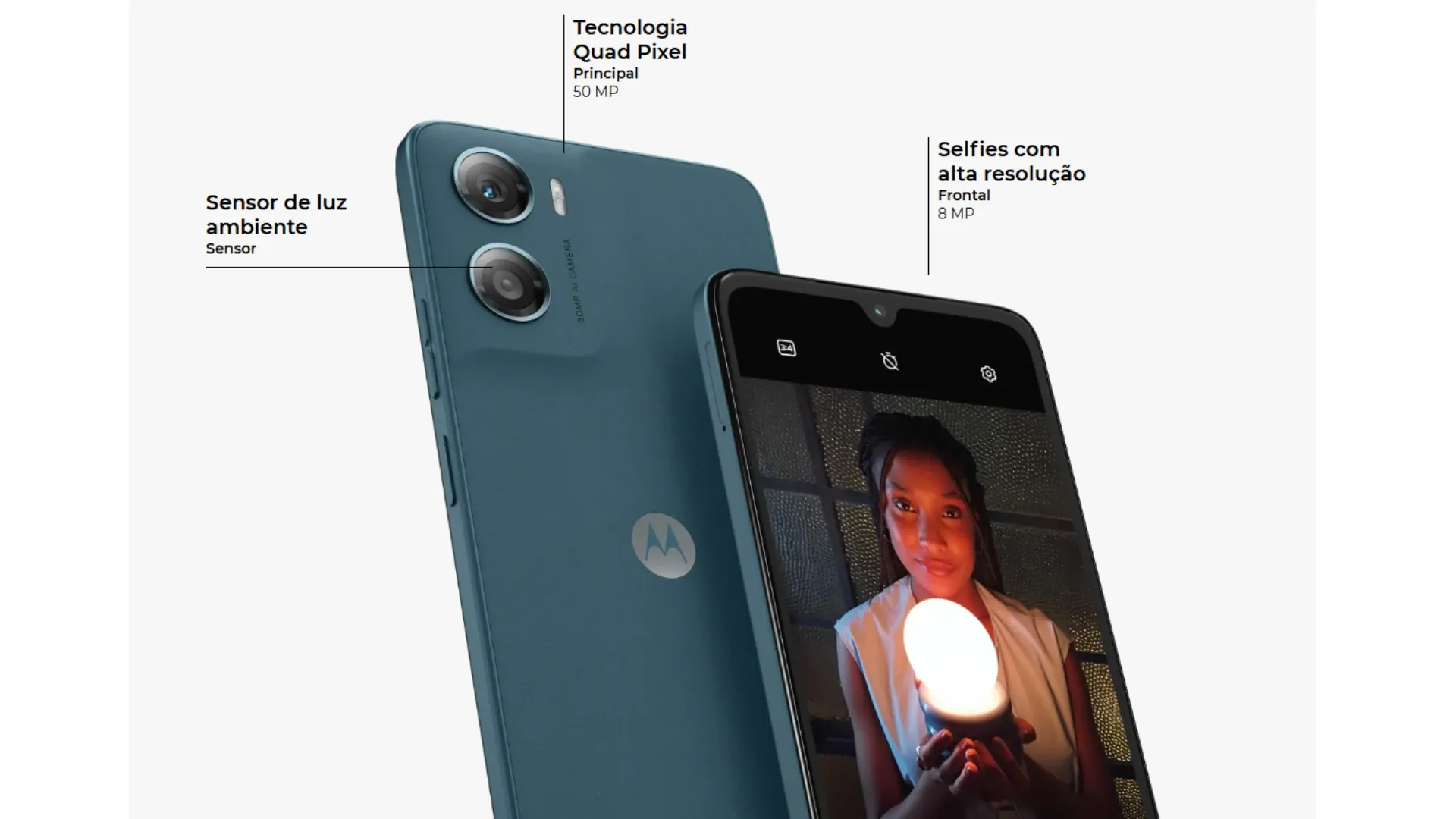 Moto G06 destacando câmera principal de 50MP e sensor frontal para selfies