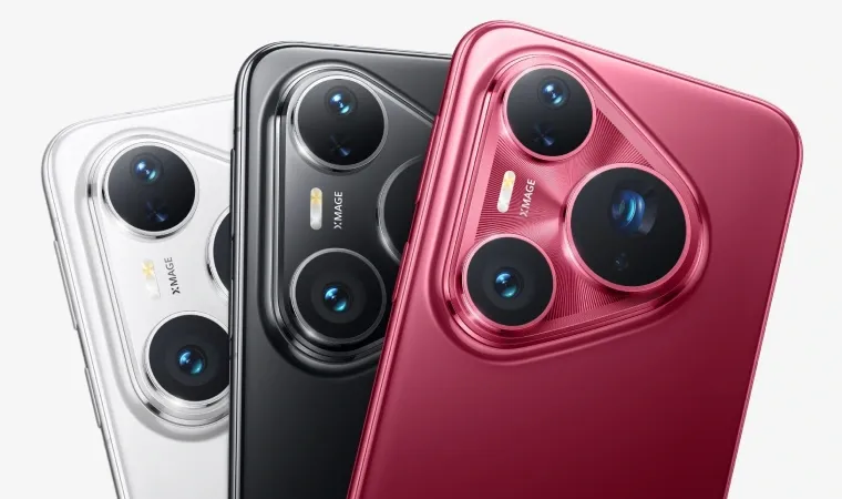 Modelos de celular Huawei Pura 80 Pro nas variações de cor branco, preto e vermelho