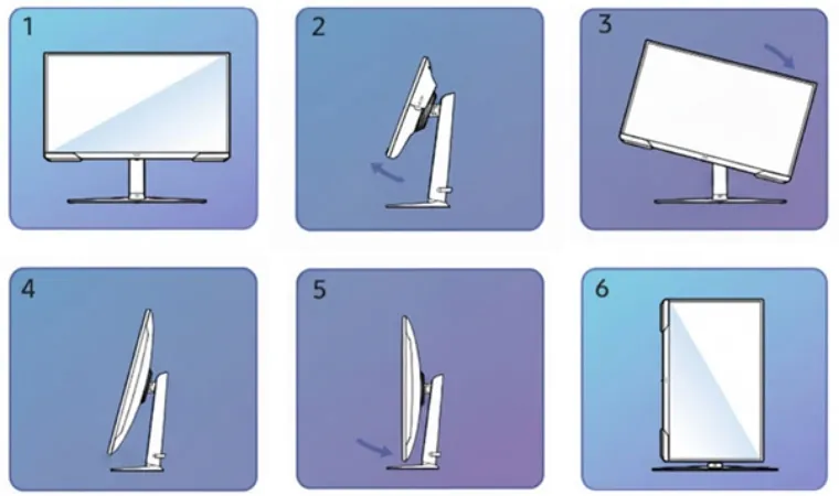 Imagem de um passo a passo de como alterar a orientação de um monitor vertical Samsung em geral