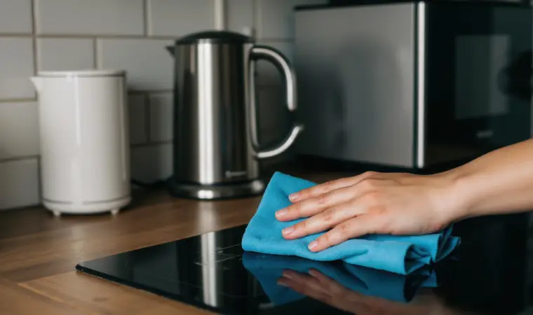 Mulher limpando um cooktop de vidro preto.