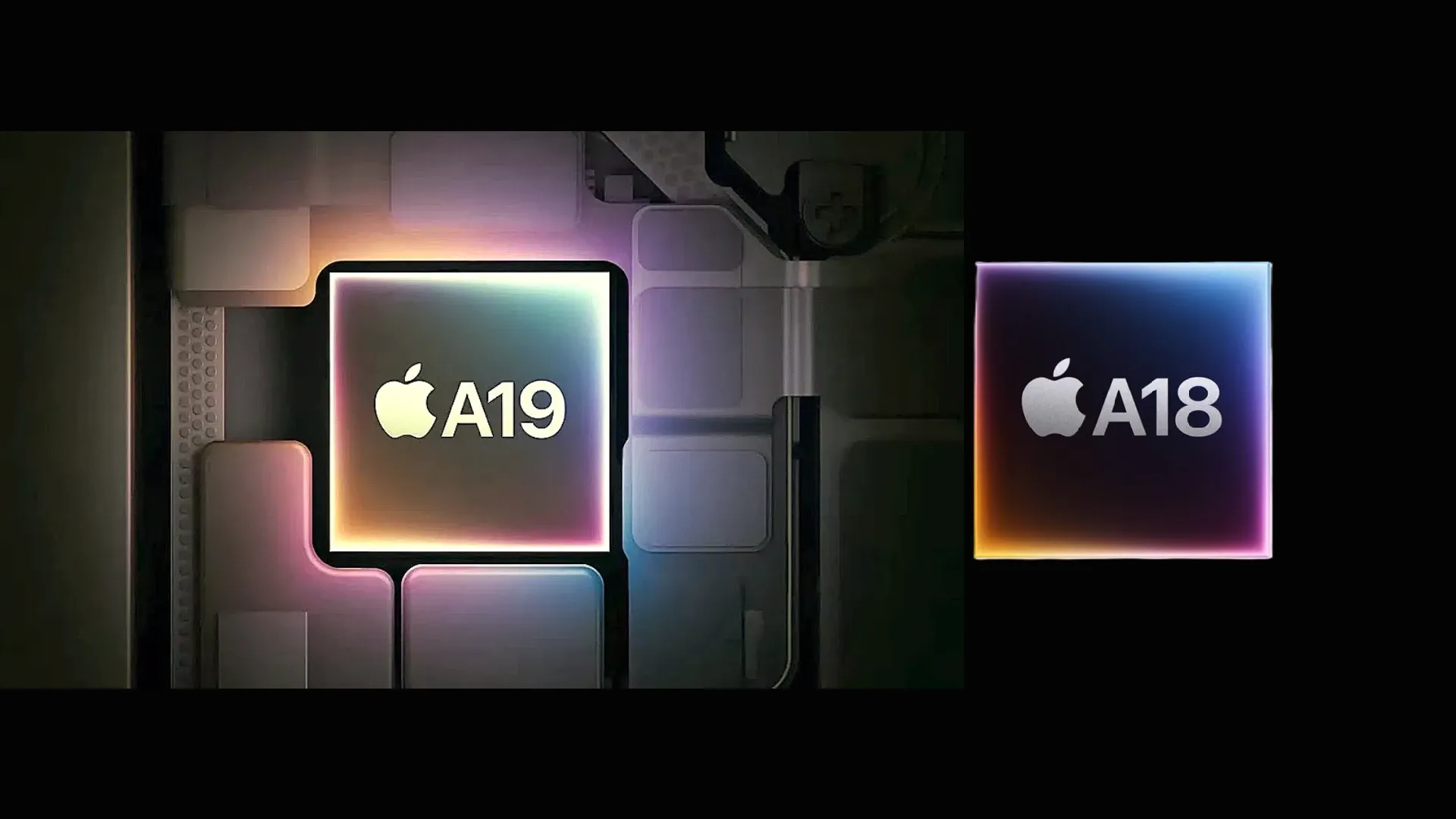 Chip A19 ao lado do chip A18 dos iPhones em fundo preto