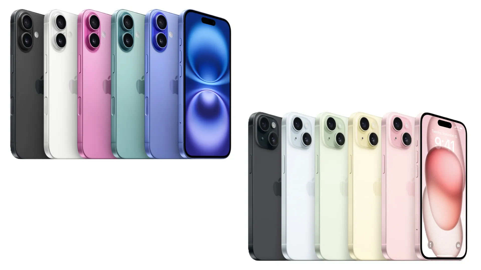 Todas as cores do iPhone 16 lado a lado esquerdo e todas as cores do iPhone 15 do lado direito