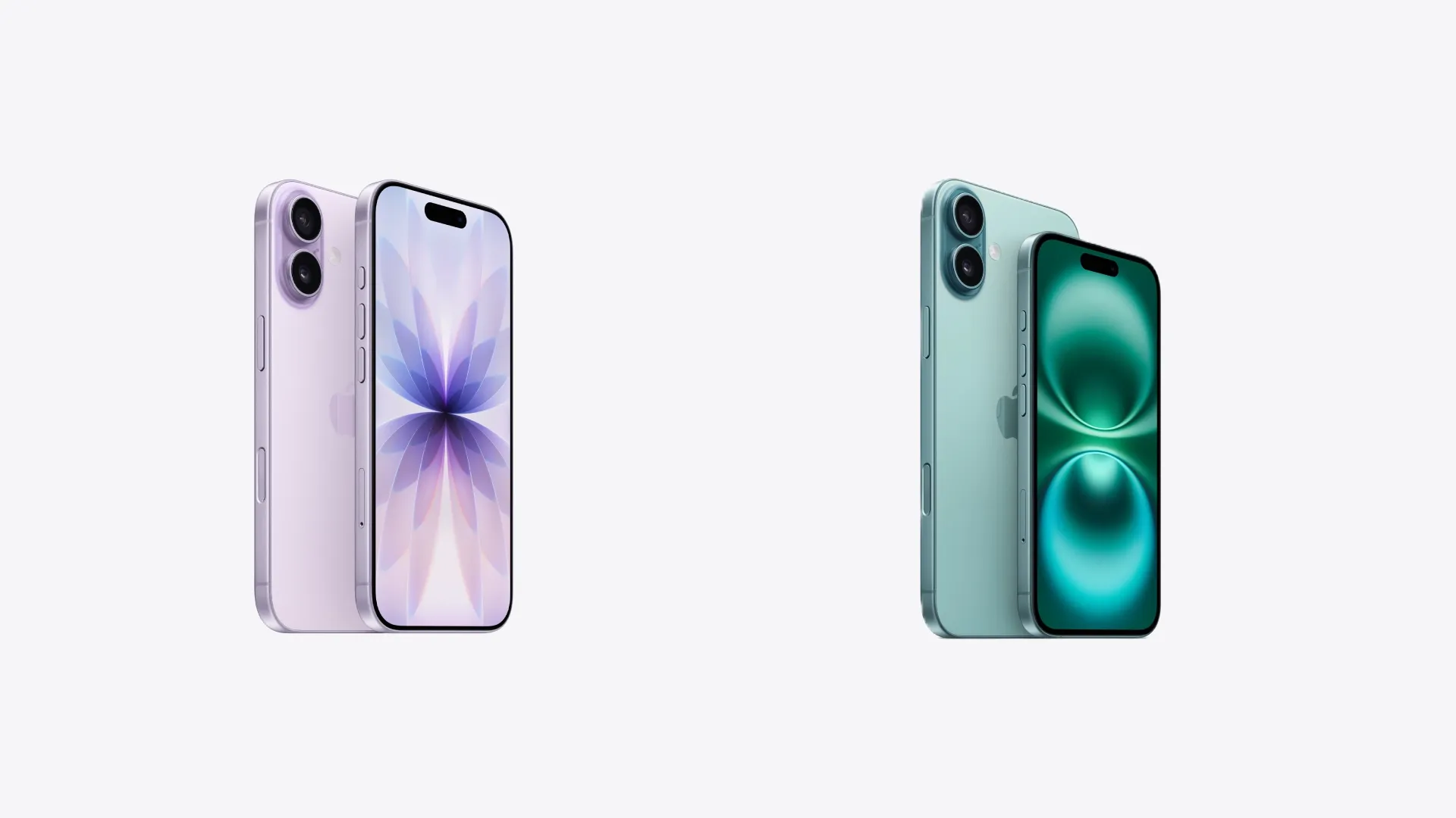 Traseira e tela do iPhone 17 rosa ao lado da traseira e tela do iPhone 16 verde em fundo branco