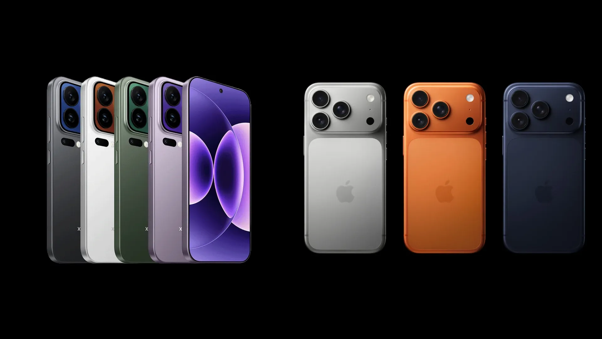 Xiaomi 17 Pro Max e iPhone 17 Pro Max em várias cores, exibindo design traseiro