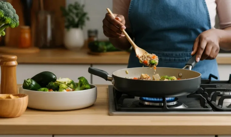 Mulher preparando arroz em uma frigideira no fogão.