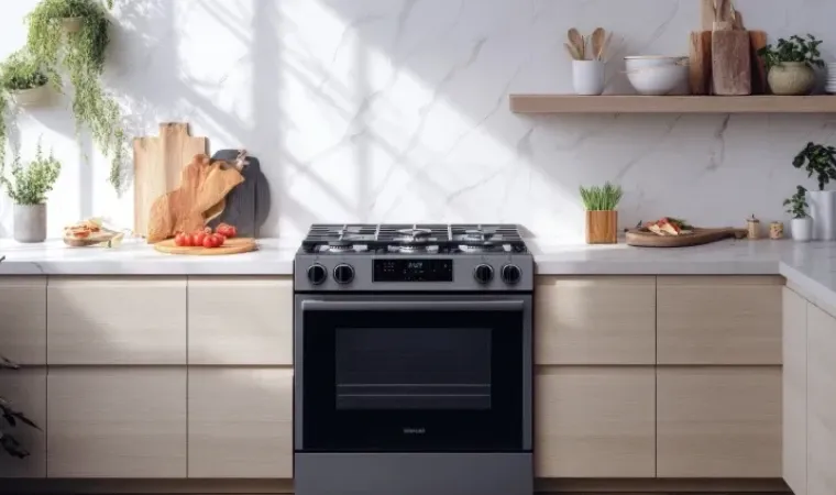 Fogão centralizado em uma cozinha bem iluminada.