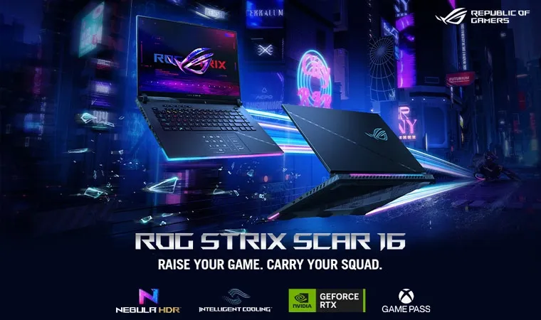 Imagem com dois notebooks gamer ASUS ROG Strix SCAR 16 abertos, um de frente e outro de costas, flutuando em frente a uma cidade futurista