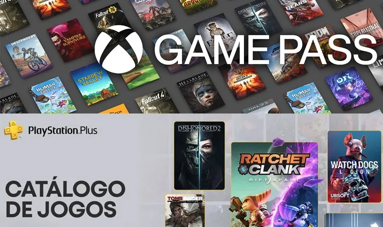 magem dividida ao meio vertical com o logo e games do Xbox Game Pass em cima e o catálogo de jogos da PS Plus embaixo