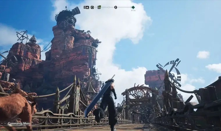 Final Fantasy 7 Rebirth mostrando o protagonista Cloud adentrando a região de Cosmo Canyon com formações rochosas, construções e um observatório de planetas no topo de uma área elevada