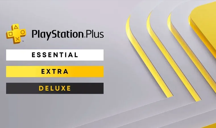 Imagem dos níveis da PlayStation Plus alinhados verticalmente à esquerda com níveis Essential, Extra e Deluxe