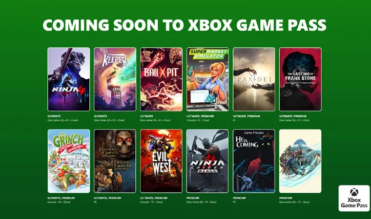 Imagem do catálogo de jogos do Xbox Game Pass de outubro e 2025 com títulos como Ninja Gaiden 4, Keeper e Ball x Pit