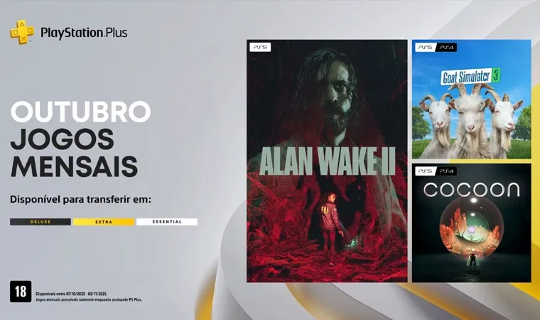 Imagem dos jogos da PS Plus Essential de outubro de 2025 com games como Alan Wake 2, Goat Simulator 3 e Cocoon