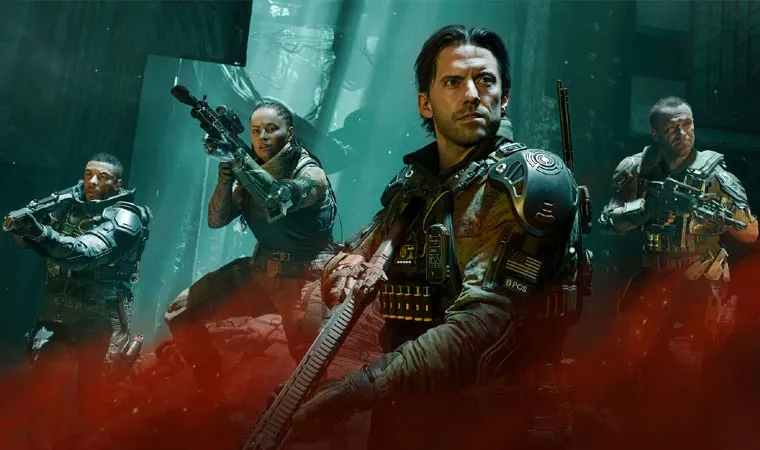 Imagem do jogo Call of Duty: Black Ops 7 com o protagonista David Mason em primeiro plano e seus companheiros.