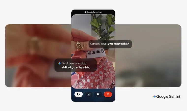 Captura de tela do Gemini Live com foto da etiqueta de uma roupa e a pergunta "Como devo lavar meu vestido?"