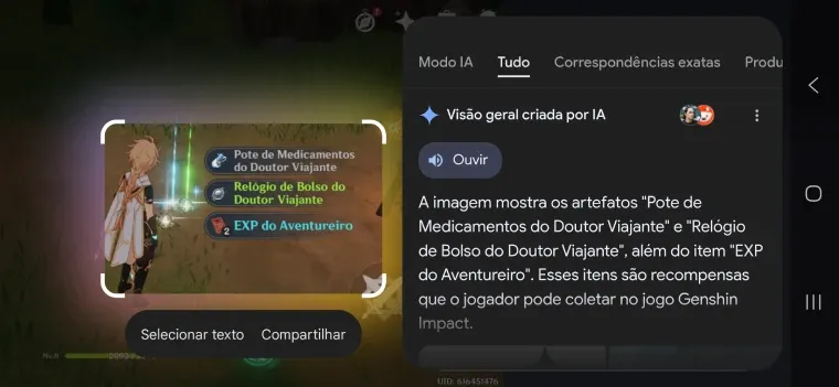 Captura de tela do Galaxy S25 FE exibindo a função Circule para Pesquisar do Google no jogo Genshin Impact