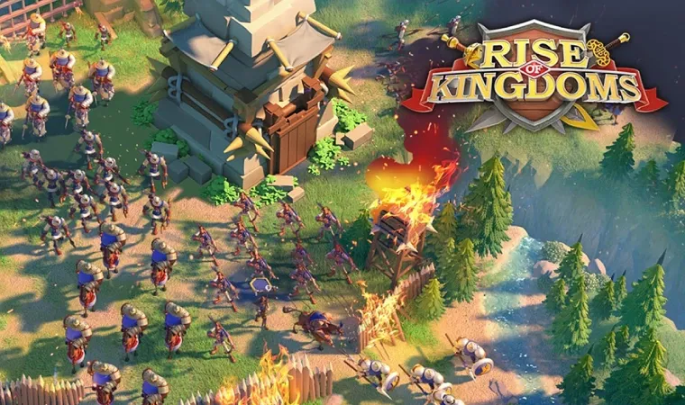 Tela promocional do jogo Rise of Kingdoms mostrando exércitos medievais guerreando