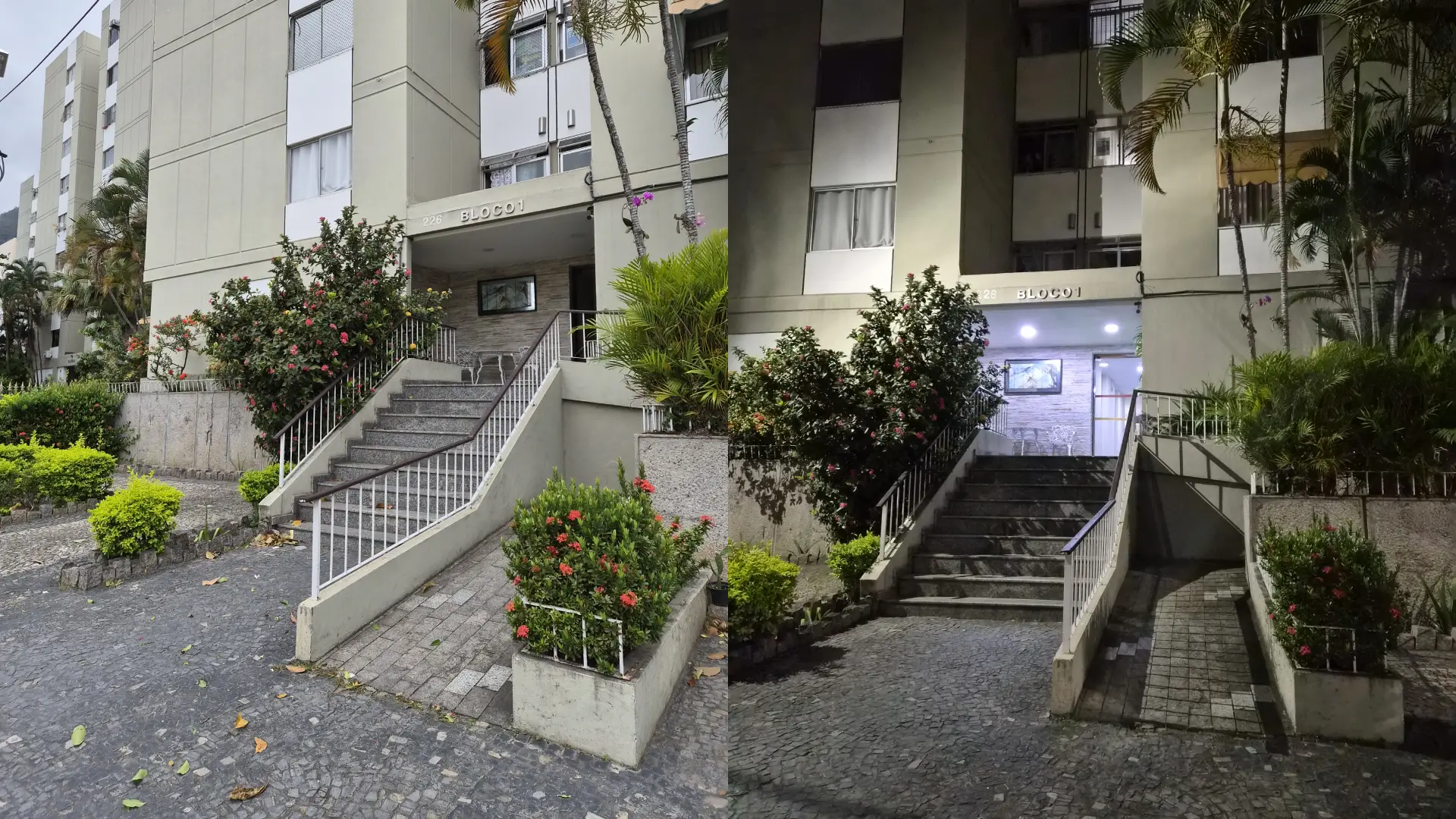 Comparativo de fotos da entrada de um edifício durante o dia e a noite com a câmera traseira do Galaxy Z Flip 7