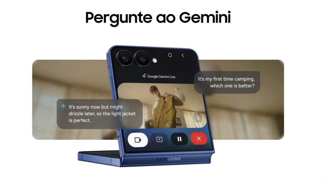 Galaxy Z Flip7 dobrado em uma mesa exibindo em sua tela externa o recurso Gemini Live com Câmera