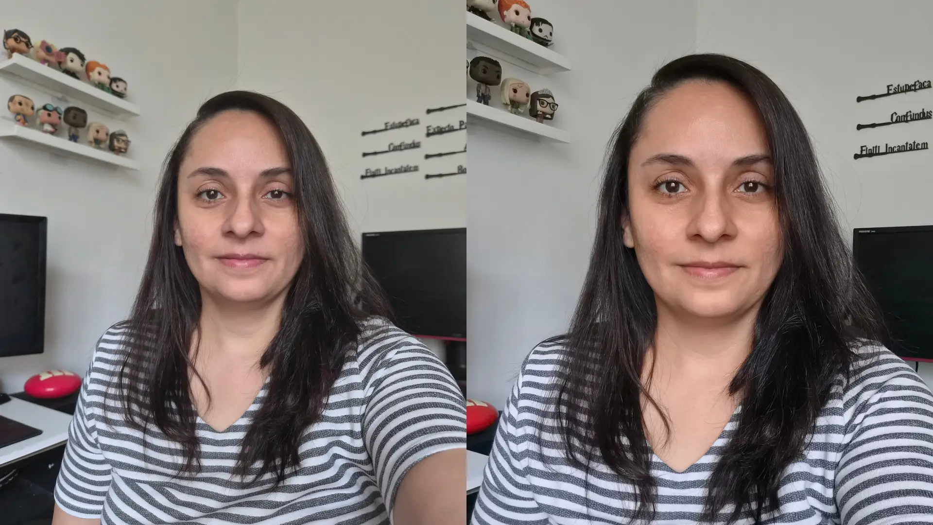 Comparativo de selfies feitas com a câmera frontal e a câmera traseira do Galaxy Z Flip7