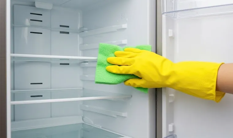 Pessoa descongelando freezer de geladeira Defrost para manutenção e economia de energia.