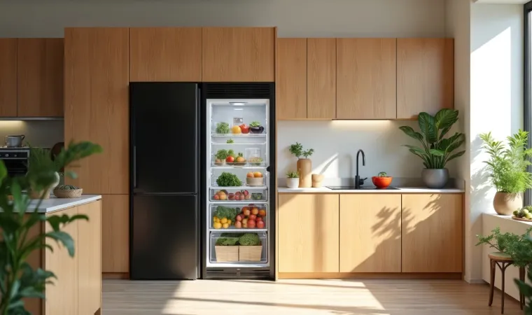 Geladeira Panasonic preta com freezer invertido em uma cozinha de móveis de madeira.