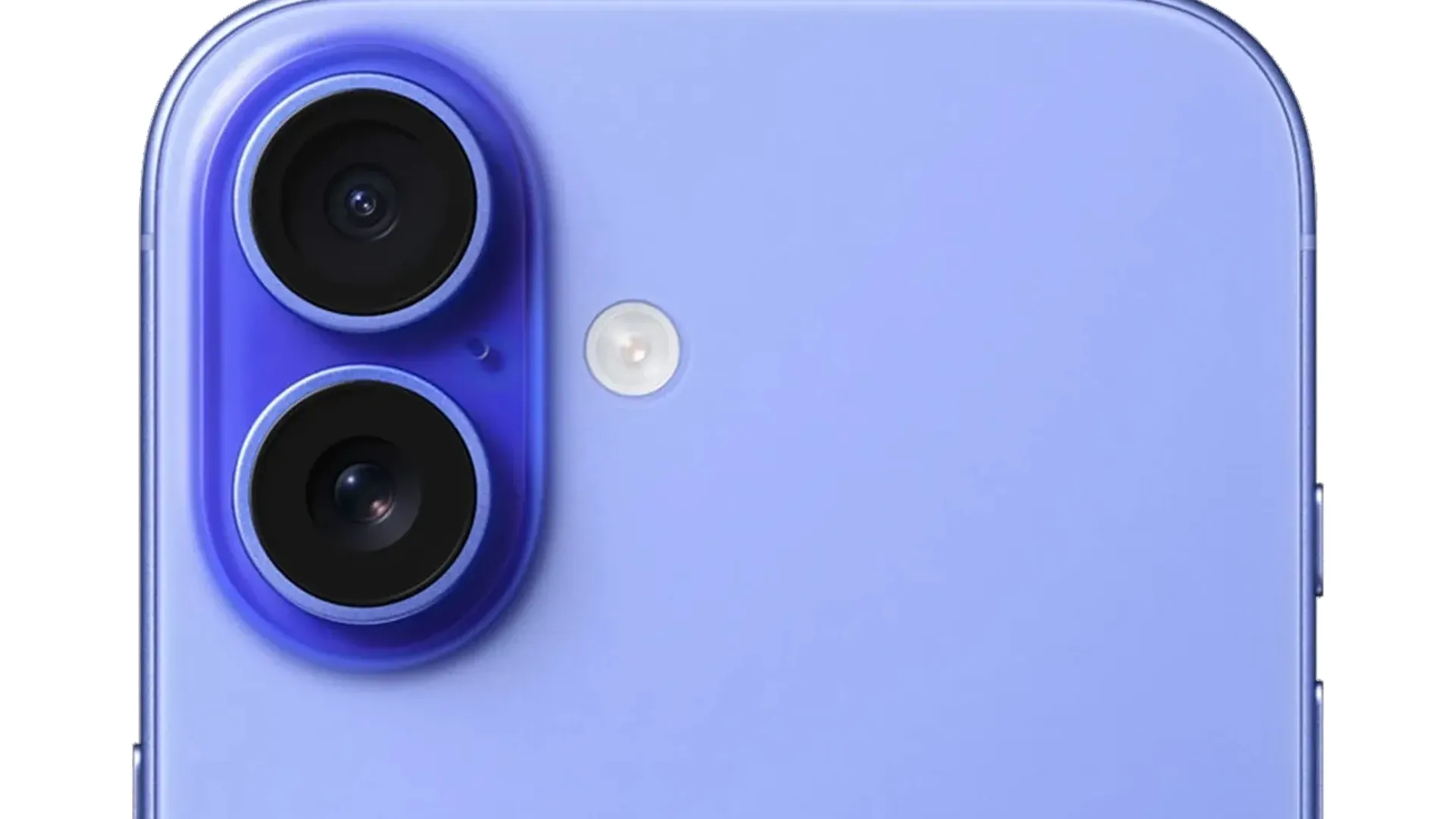 Close nas câmeras traseiras do iPhone 16, mostrando o novo sensor ultrawide com design vertical. 