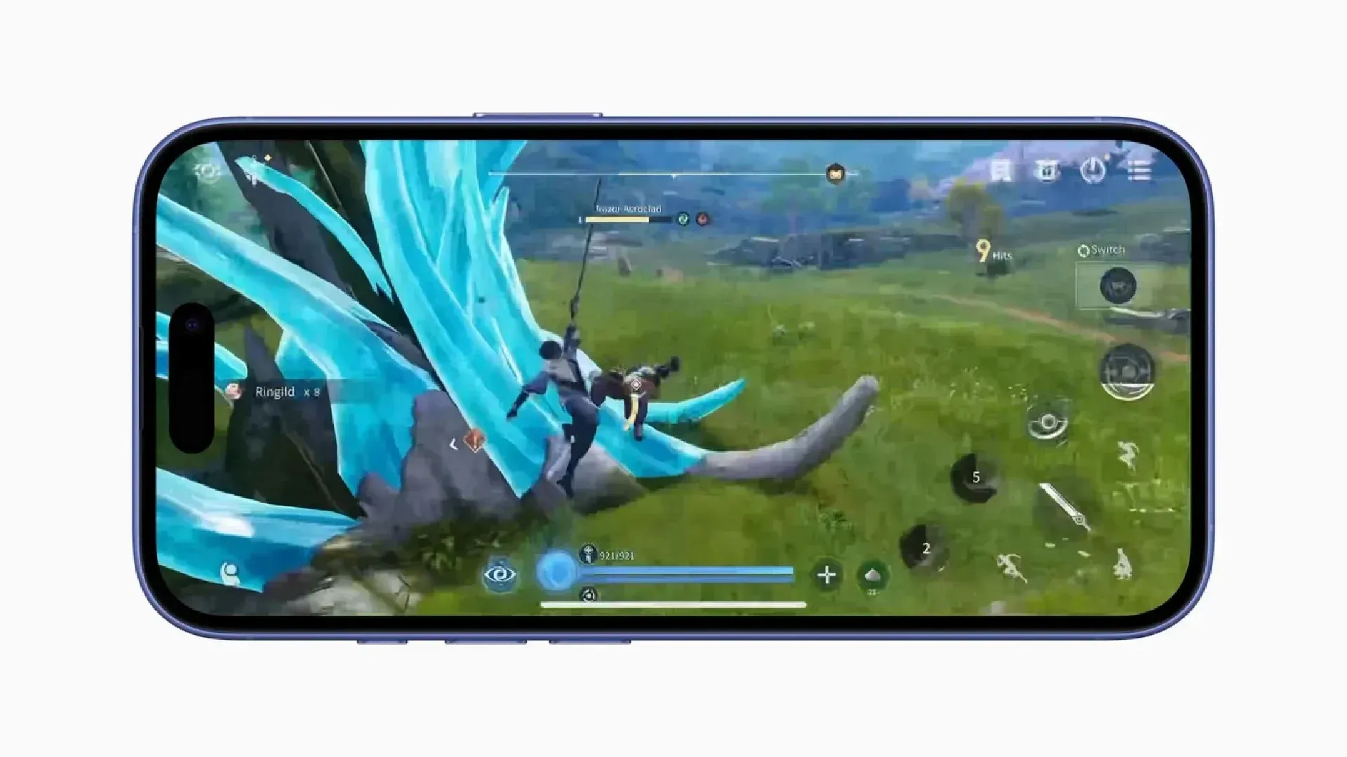 Tela do iPhone 16 exibindo um jogo com gráficos detalhados, destacando o desempenho do novo processador. 