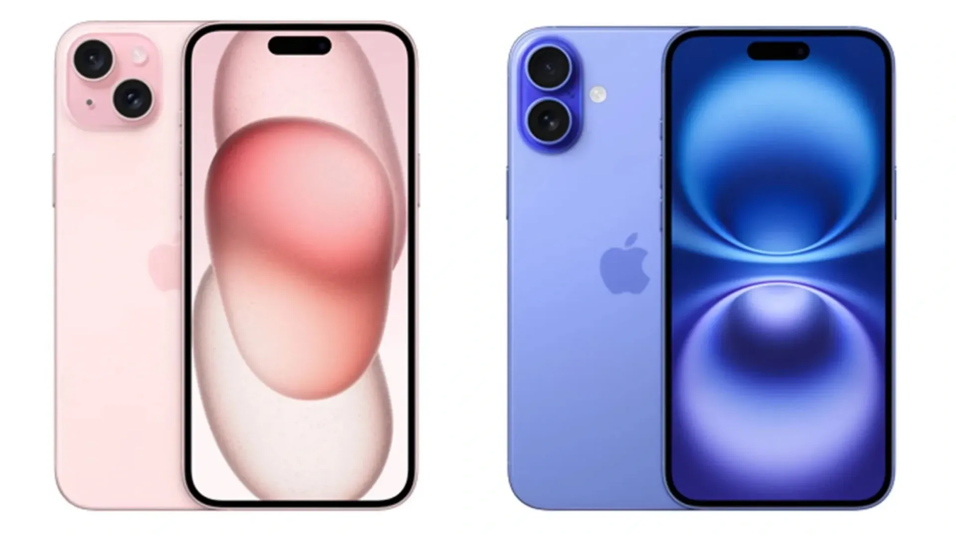 iPhones 15 e 16 vistos de frente e verso, destacando diferenças no design e posição das câmeras. 