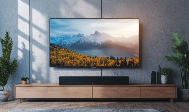 Sala de estar sofisticada com Smart TV em design slim instalada na parede