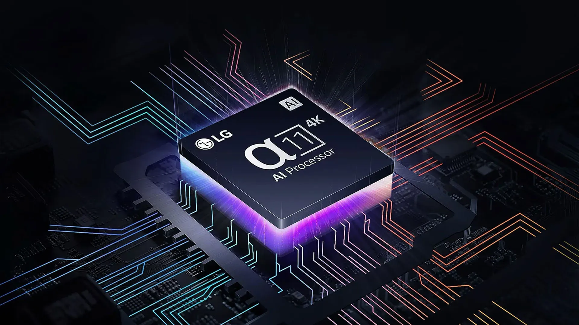 Close do chip α11 AI 4K sobre placa-mãe com circuitos iluminados