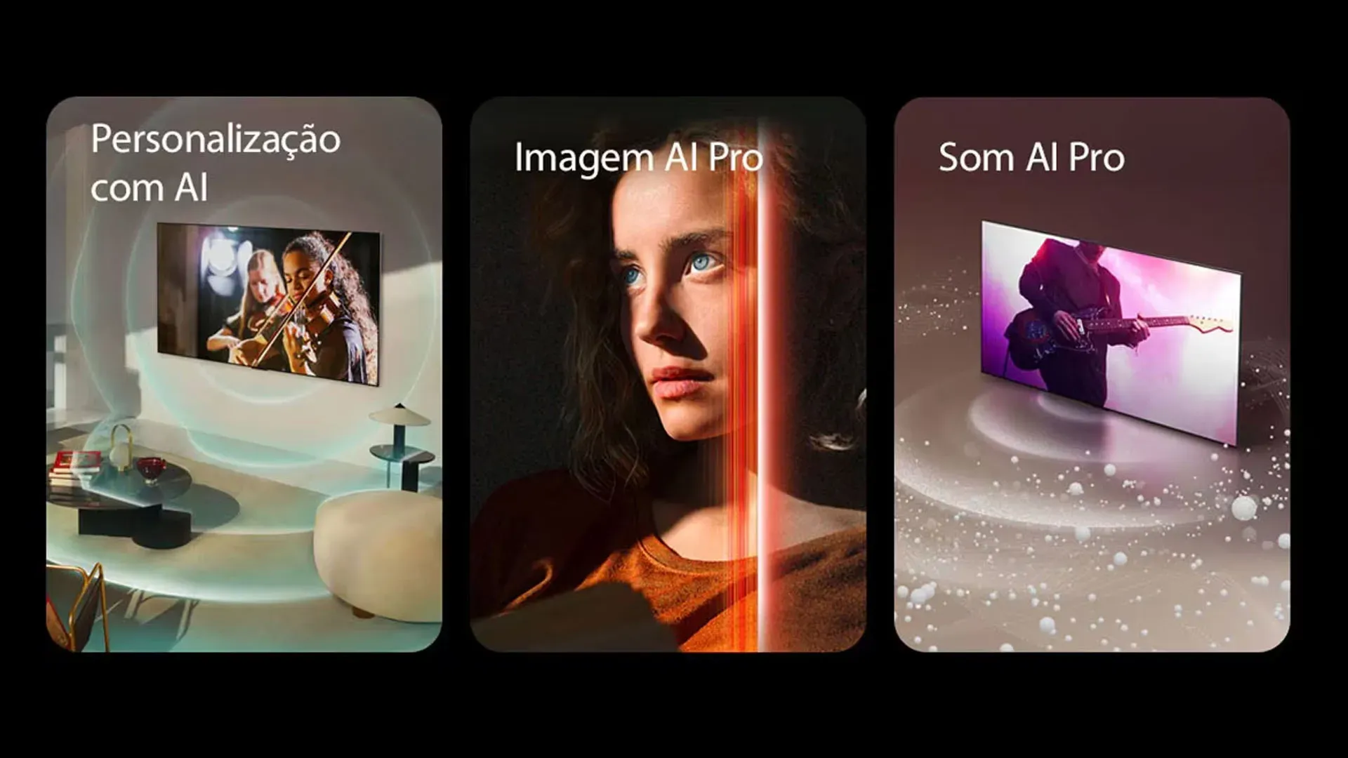 Montagem com três painéis destacando recursos de personalização, imagem e som com inteligência artificial