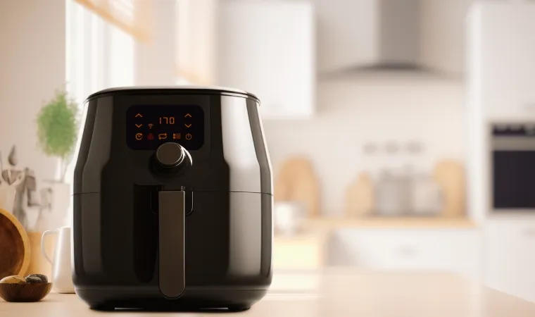 Air fryer preta em cima da bancada de uma cozinha.