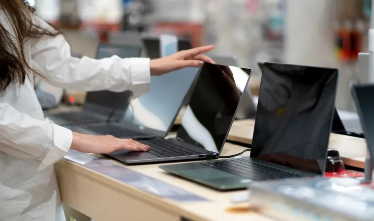 Imagem de uma mulher usando um notebook em meio a uma bancada com vários outros notebooks a venda