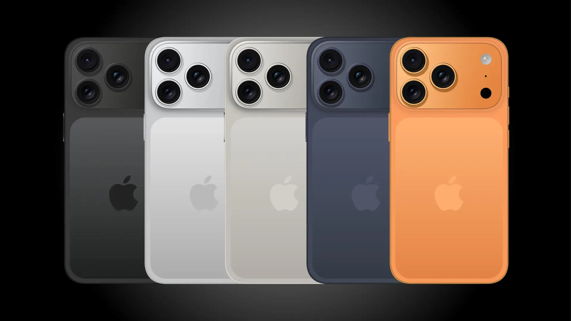 Imagem de cinco iPhones de cores varias em um fundo preto.