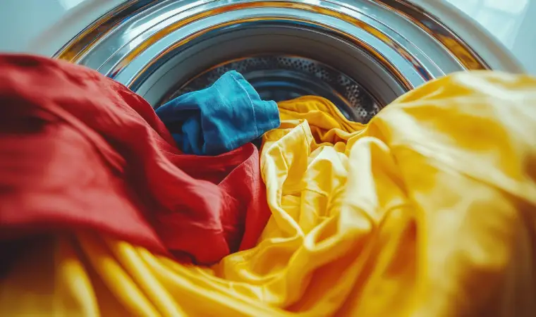 Roupas coloridas dentro de uma lavadora de roupas.