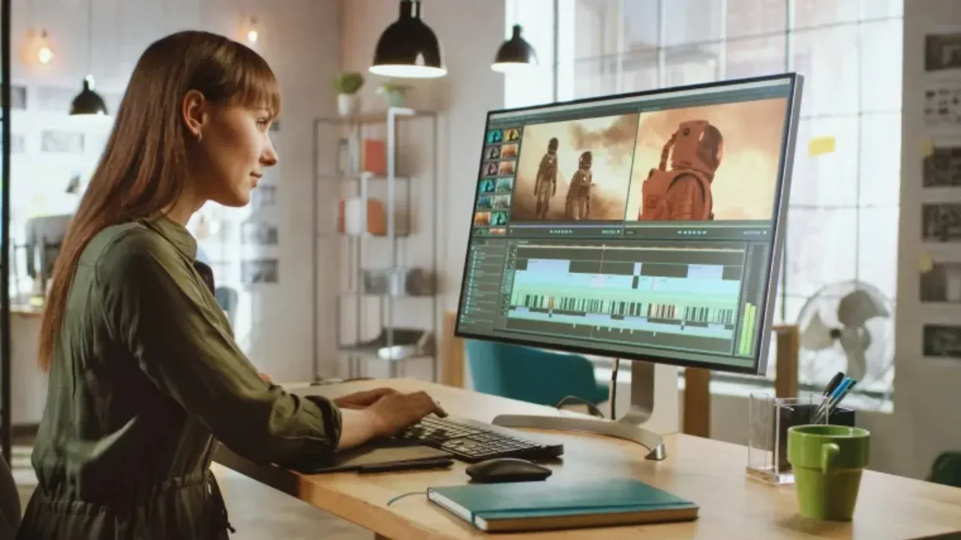Imagem de uma mulher editando um vídeo, com grande foco no seu monitor