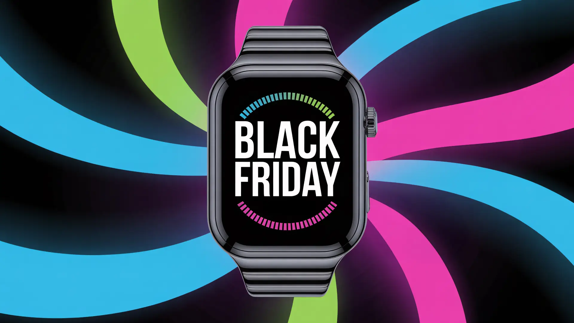 Smartwatch com o termo Black Friday em sua tela com fundo colorido