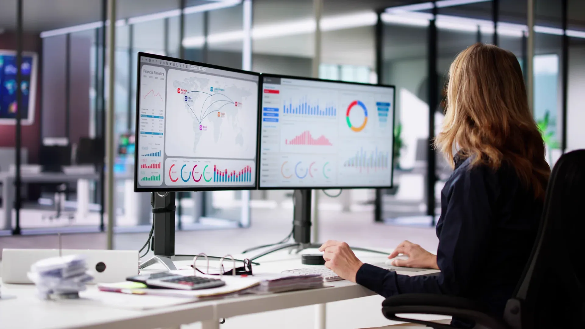 Imagem de uma mulher trabalhando com dois monitores