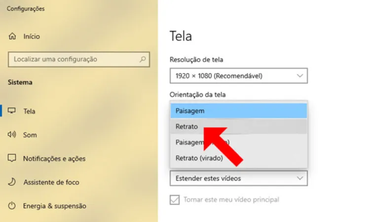 Imagem das Configurações de Exibição do Windows mostrando a opção de Orientação da Tela