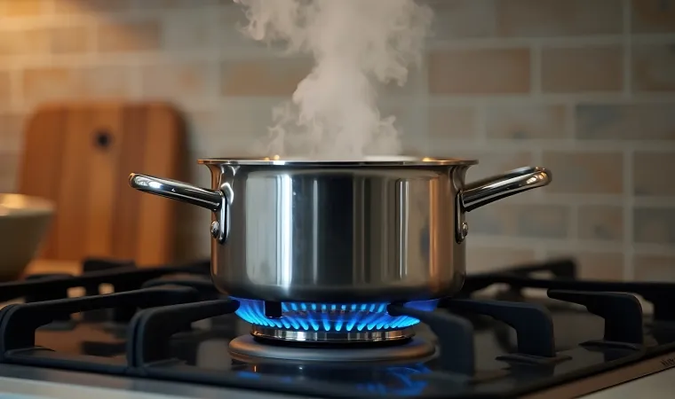 Panela de inox em um fogão aceso.