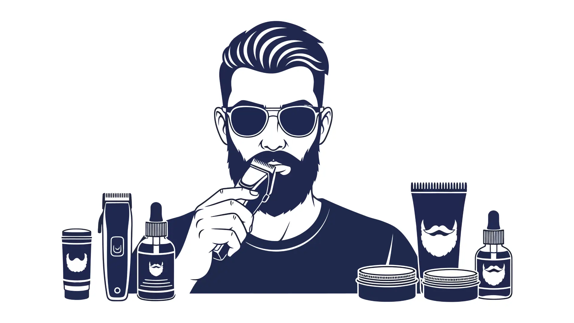 Ilustração de homem aparando a barba com máquina ao lado de vários produtos para crescer a barba