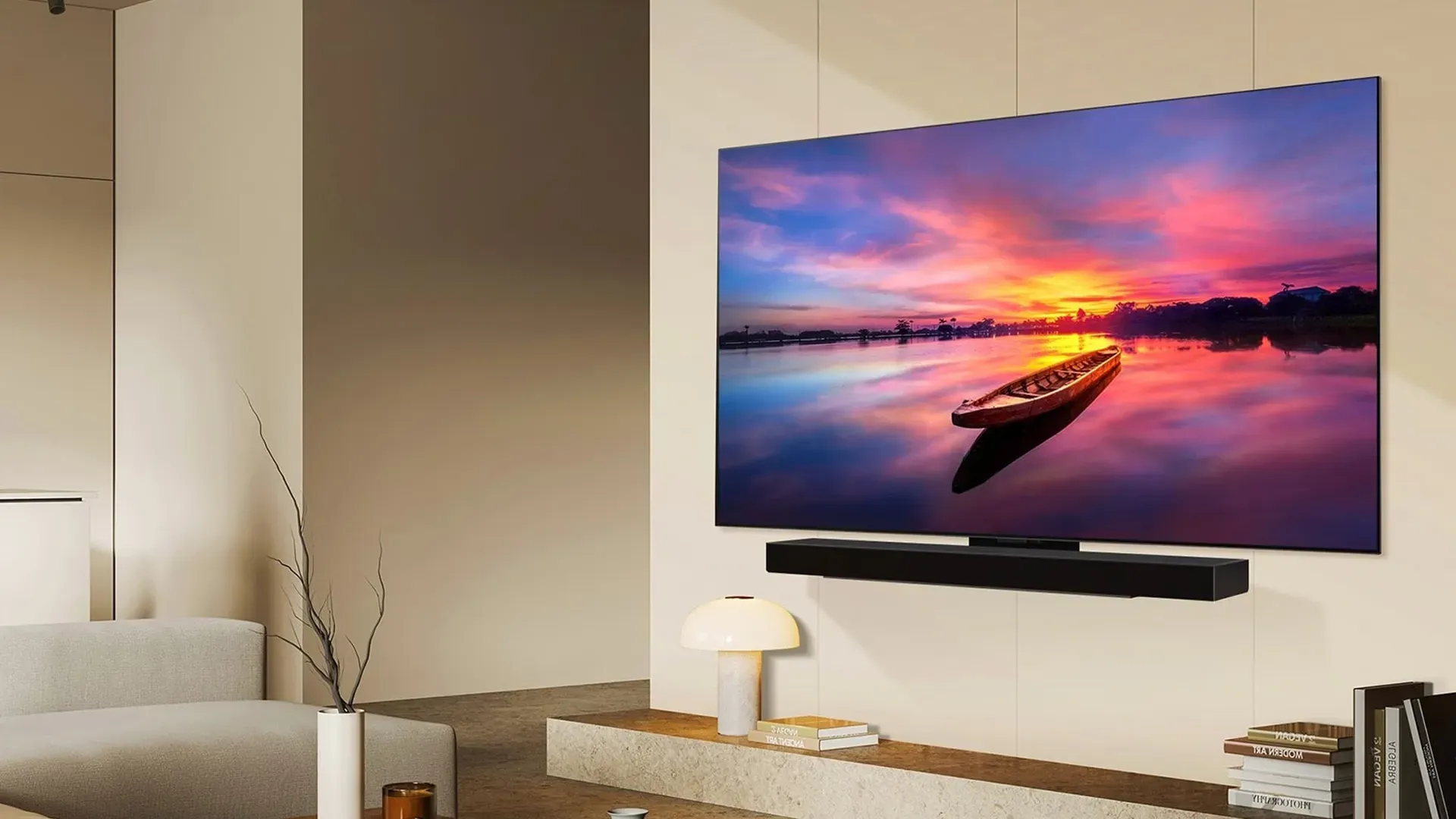 Imagem da LG OLED C4 montada na parede em sala minimalista com soundbar, mostrando o design slim.