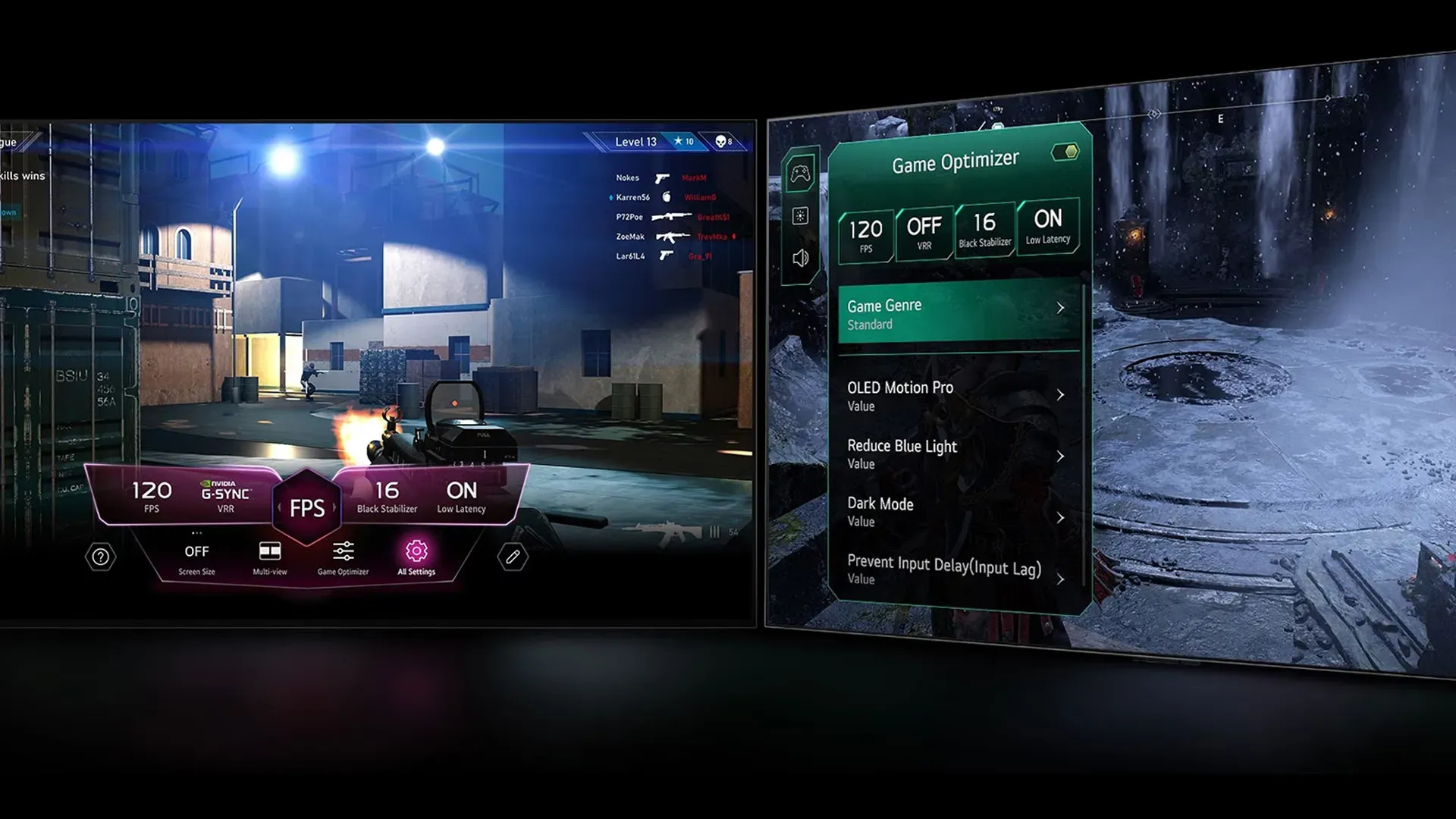 Imagem do painel Game Optimizer da LG OLED C4 exibido durante partida, com opções de 120 Hz e G-Sync.