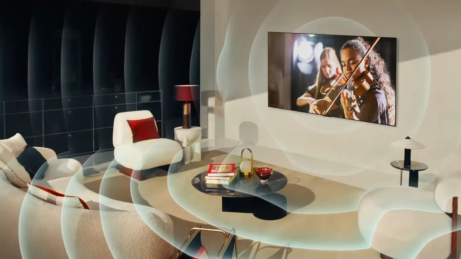 Imagem da LG OLED C4 exibindo performance musical com simulação de som surround 9.1.2 em sala moderna.