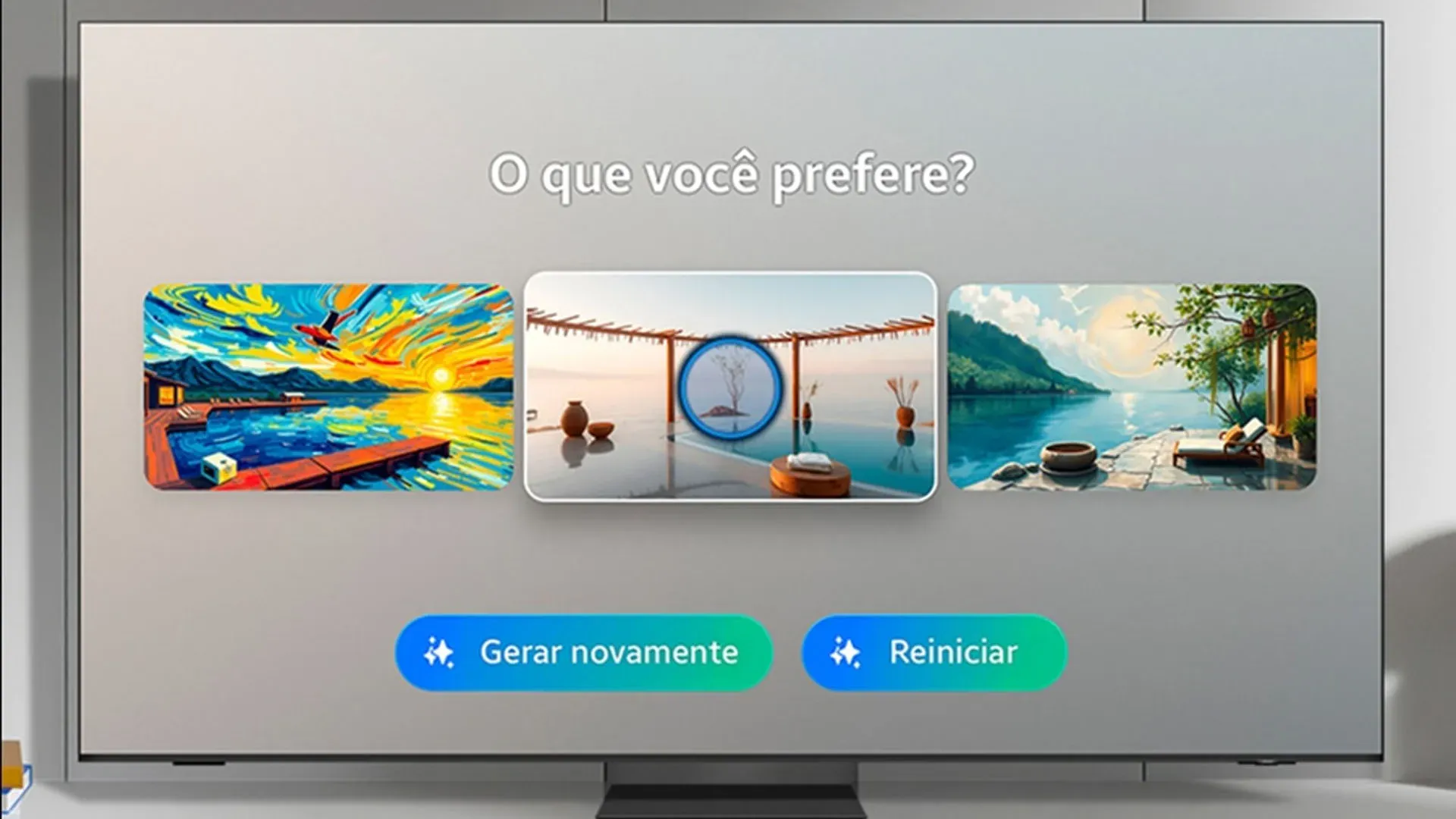 Imagem da TV Samsung 65 Q7F QLED 4K exibindo interface Vision AI com opções de papel de parede personalizadas