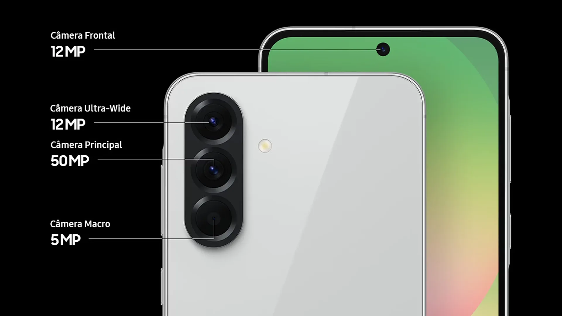 Imagem da traseira do Galaxy A56 destacando as três câmeras e suas especificações: 50 MP principal, 12 MP ultrawide e 5 MP macro, além da frontal de 12 MP. 