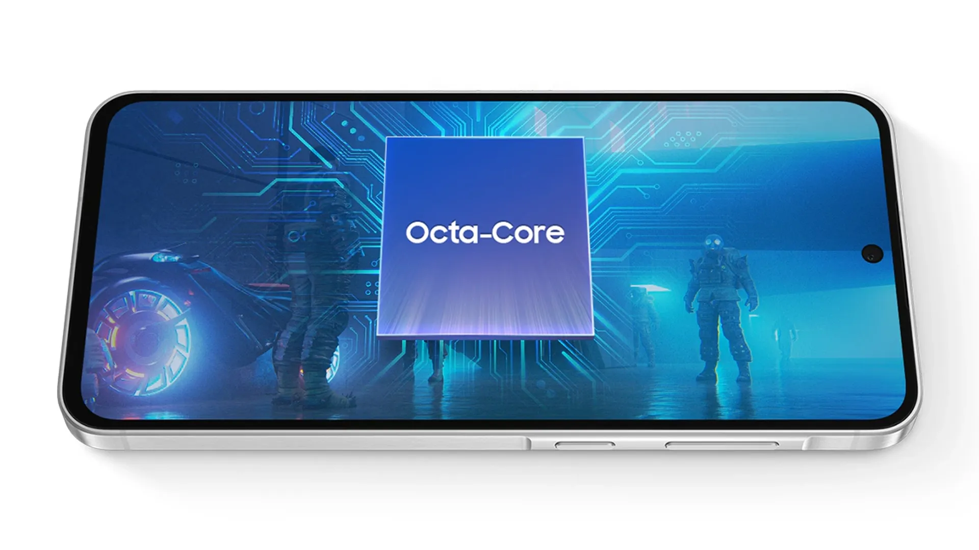 Imagem do Galaxy A56 visto de frente com gráfico tecnológico e o texto “Octa-Core” na tela, representando o processador interno. 