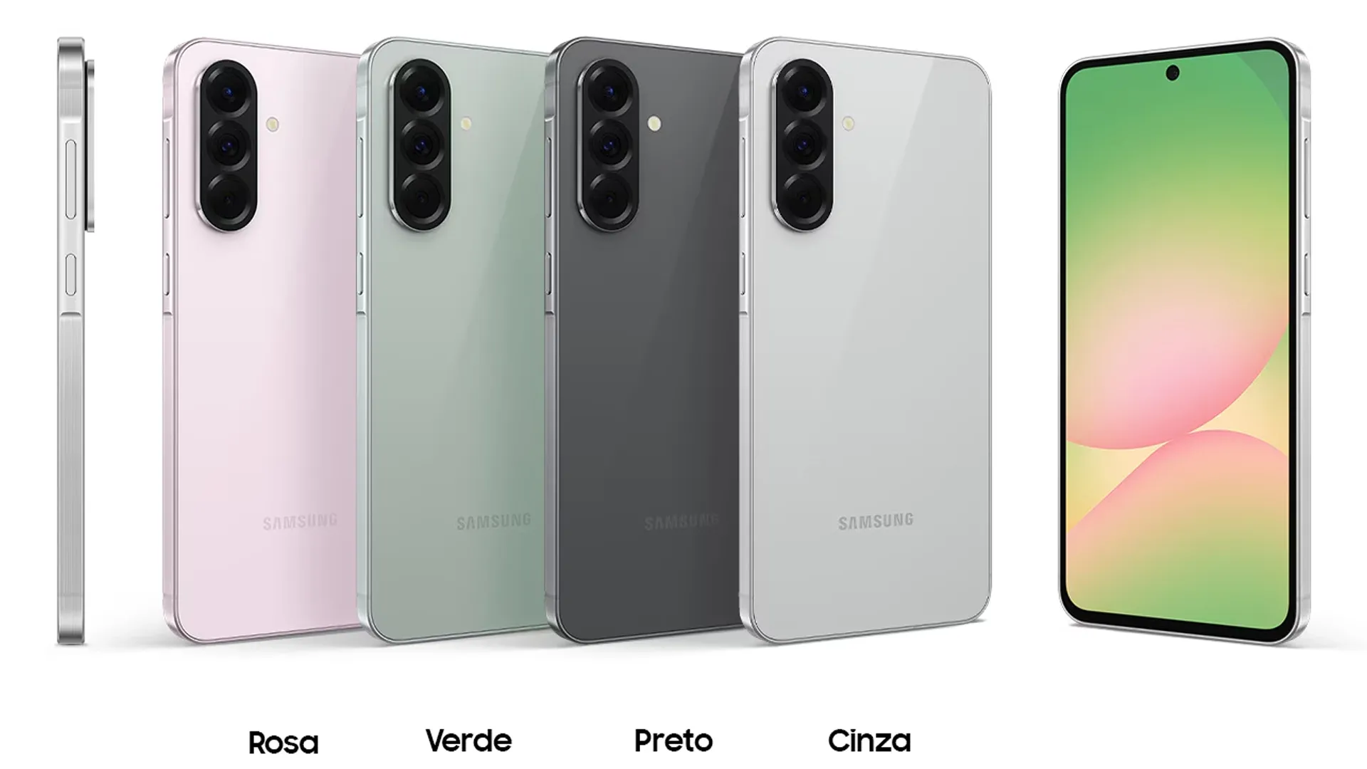 Imagem do Galaxy A56 exibido nas cores rosa, verde, preto e cinza, lado a lado, com um modelo de frente mostrando a tela ligada.